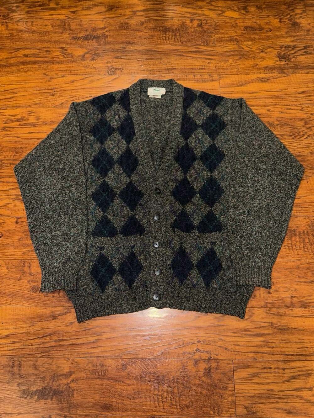 Vintage Argyle Cardigan Sweater Green Gray Knit